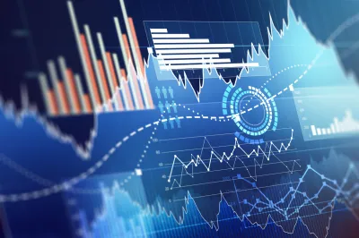 Abstract business chart with uptrend line graph, bar chart and diagram in bull market on dark blue background